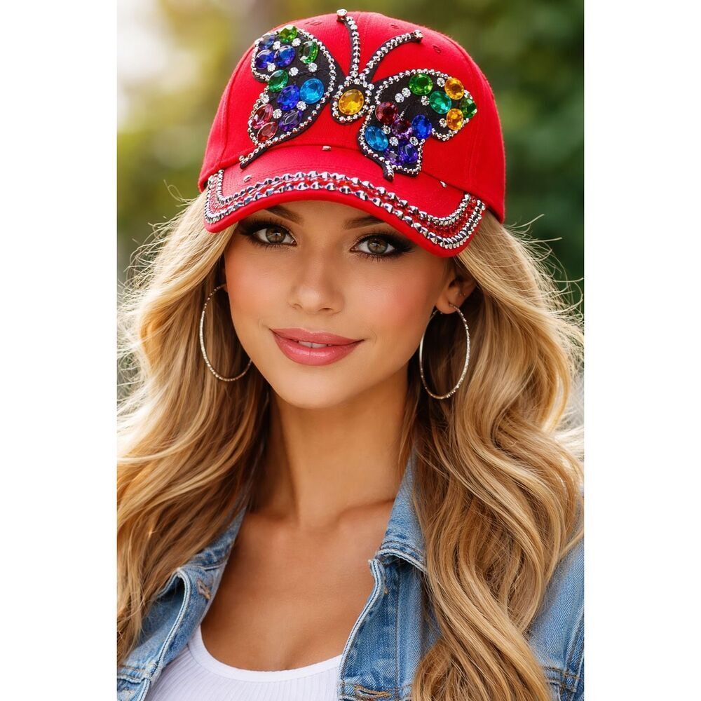Rhinestone Butterfly Red Baseball Cap Bling Hat Adjustable